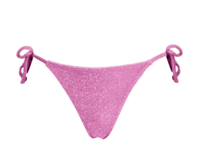 Pink glittery bikini bottom with tie sides on a white background