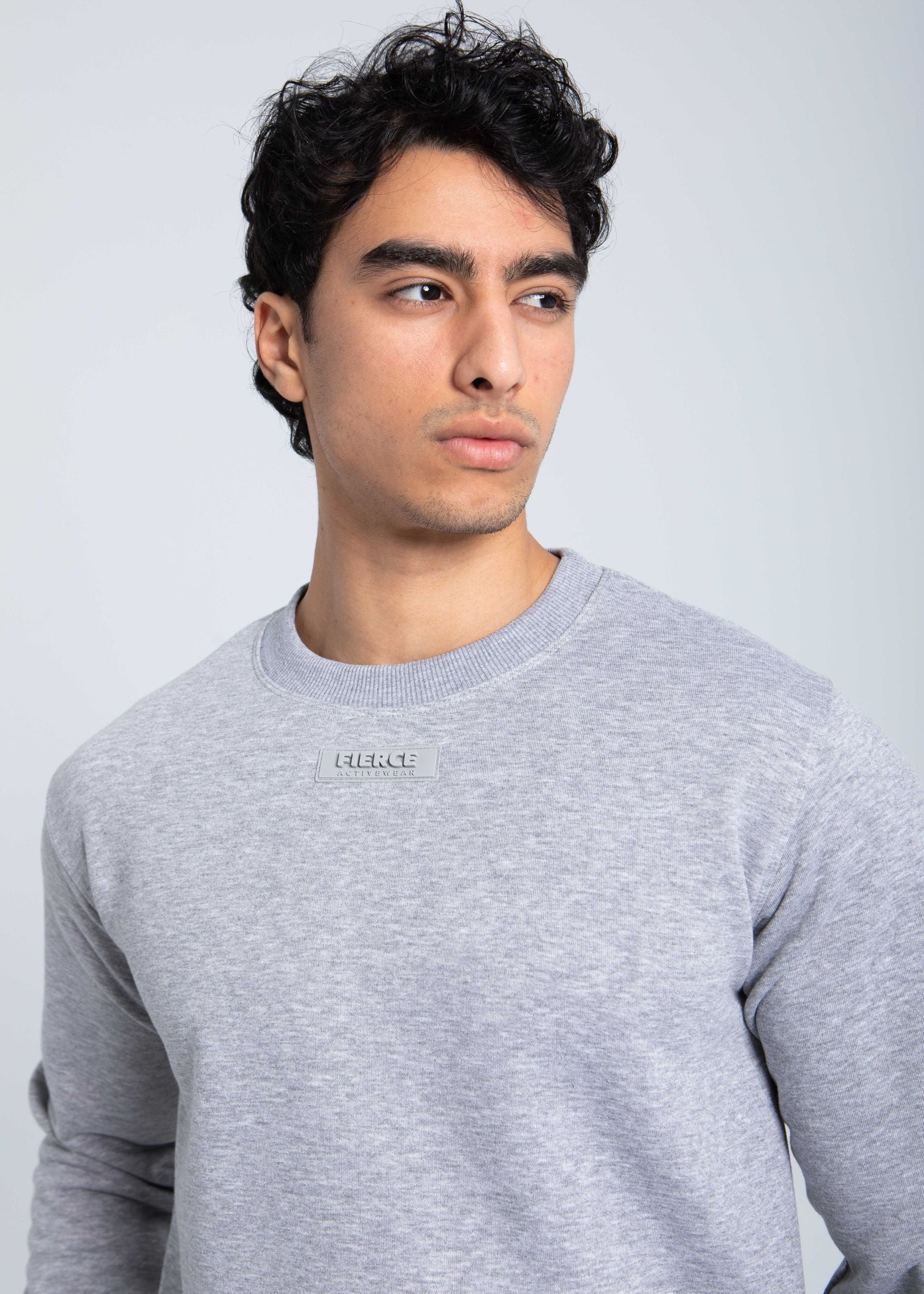 Close-up of fleece crewneck fabric texture and finish