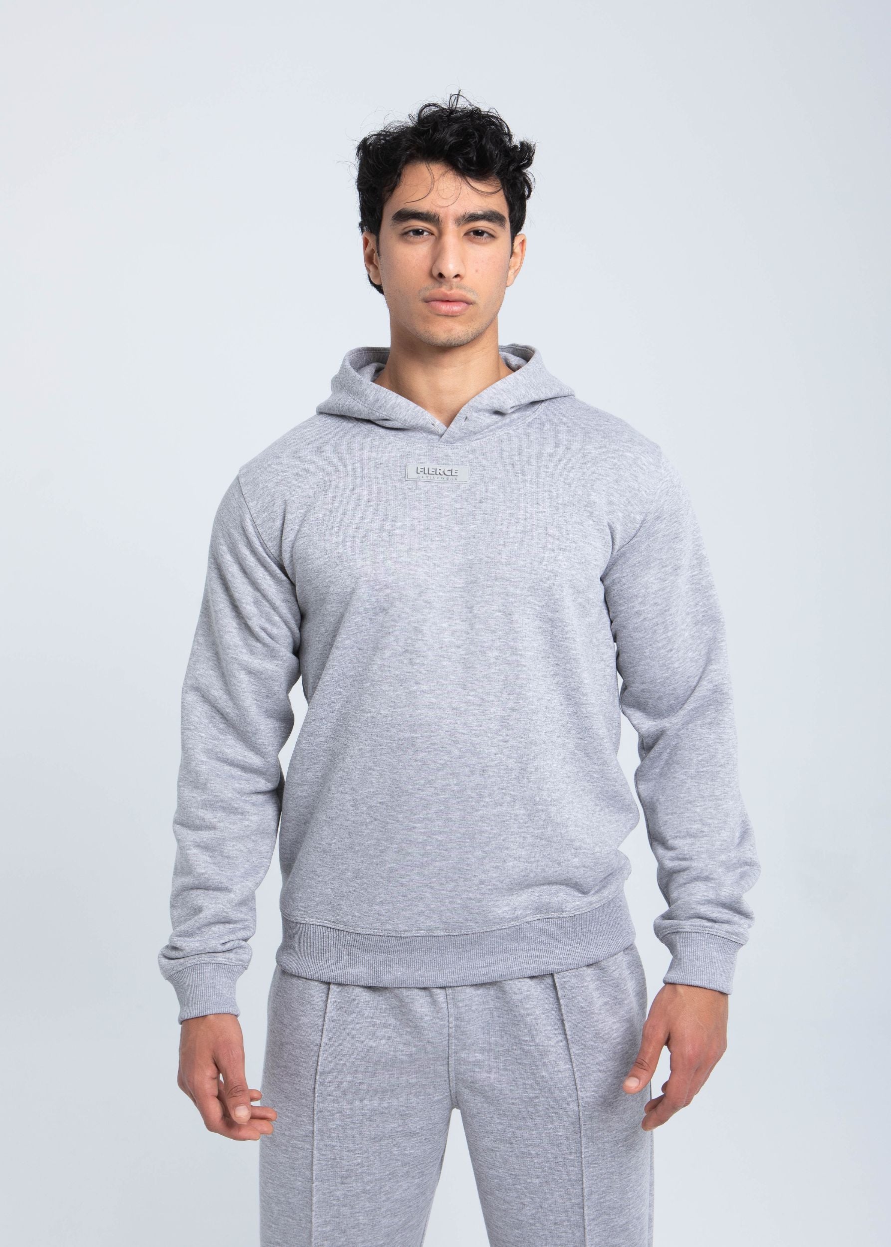 Men’s heather grey fleece hoodie front view