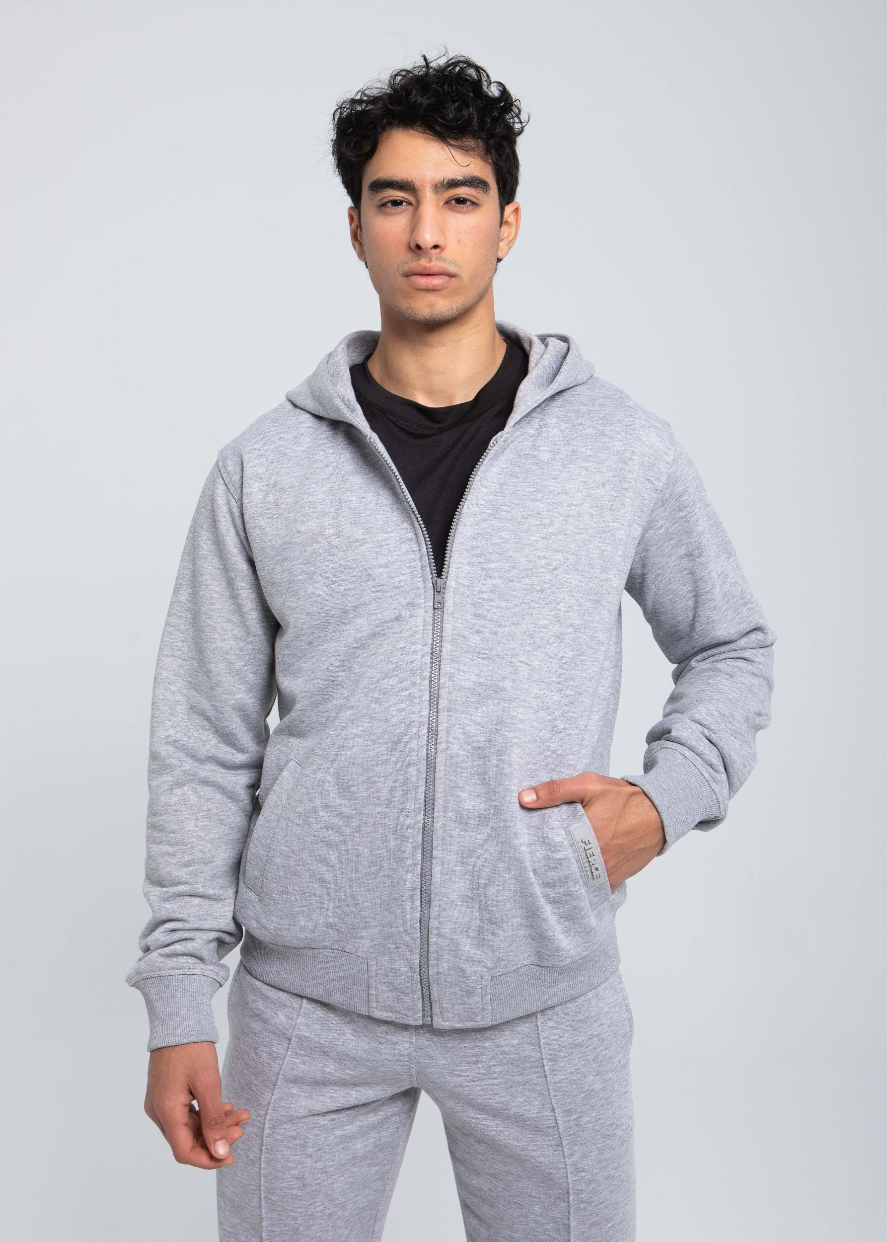 Essential full-zip structured hoodie front view in heather grey