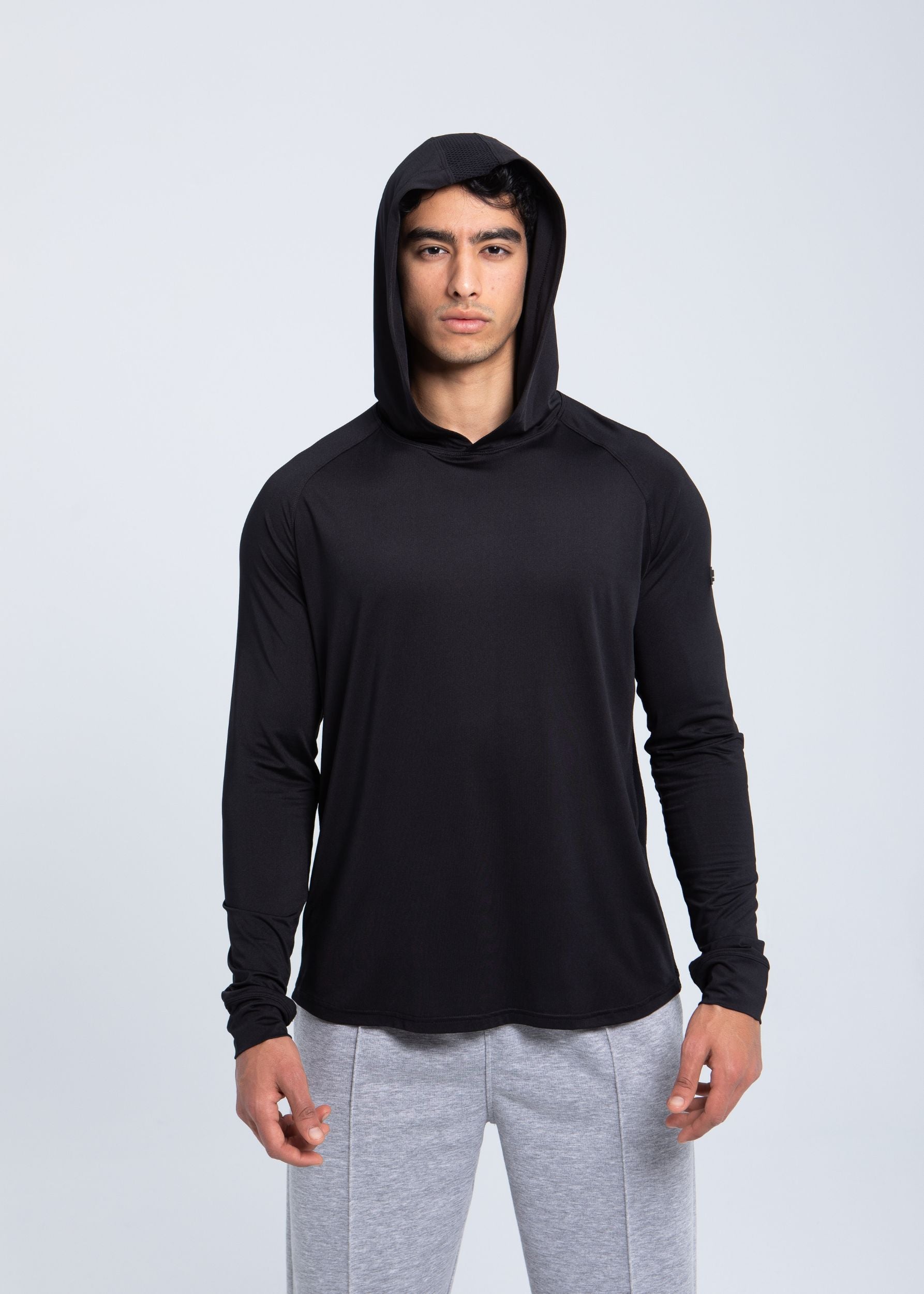 Men’s active hooded performance shirt front view in graphite black