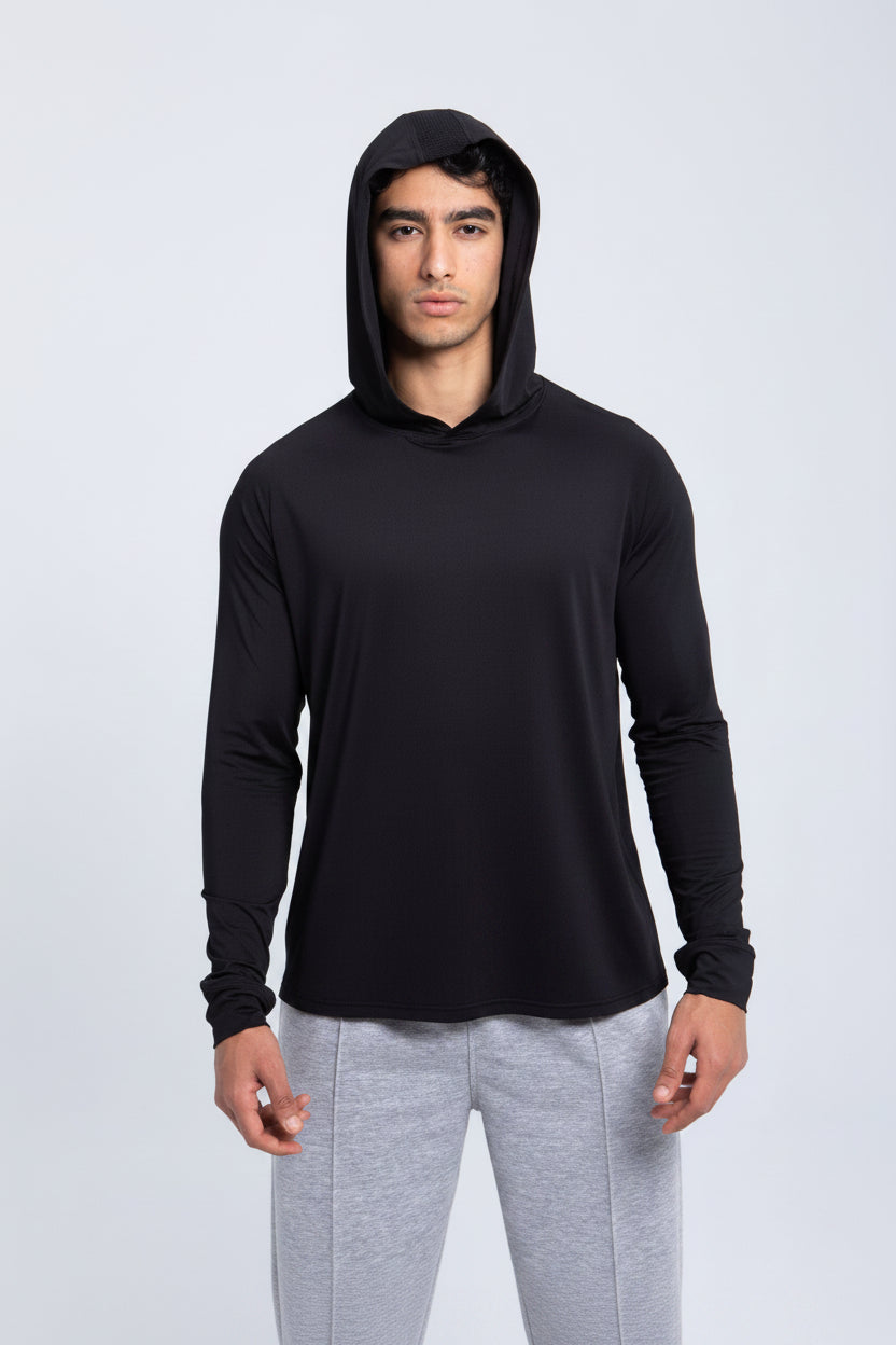 Men’s active hooded performance shirt front view in graphite black