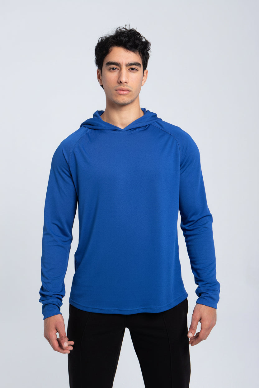 Men’s athletic hooded performance shirt full body view in blue