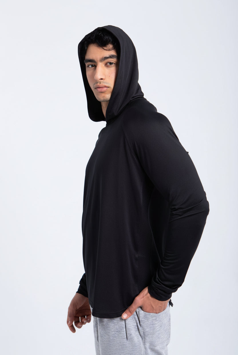 Men’s performance hoodie side view with athletic fit