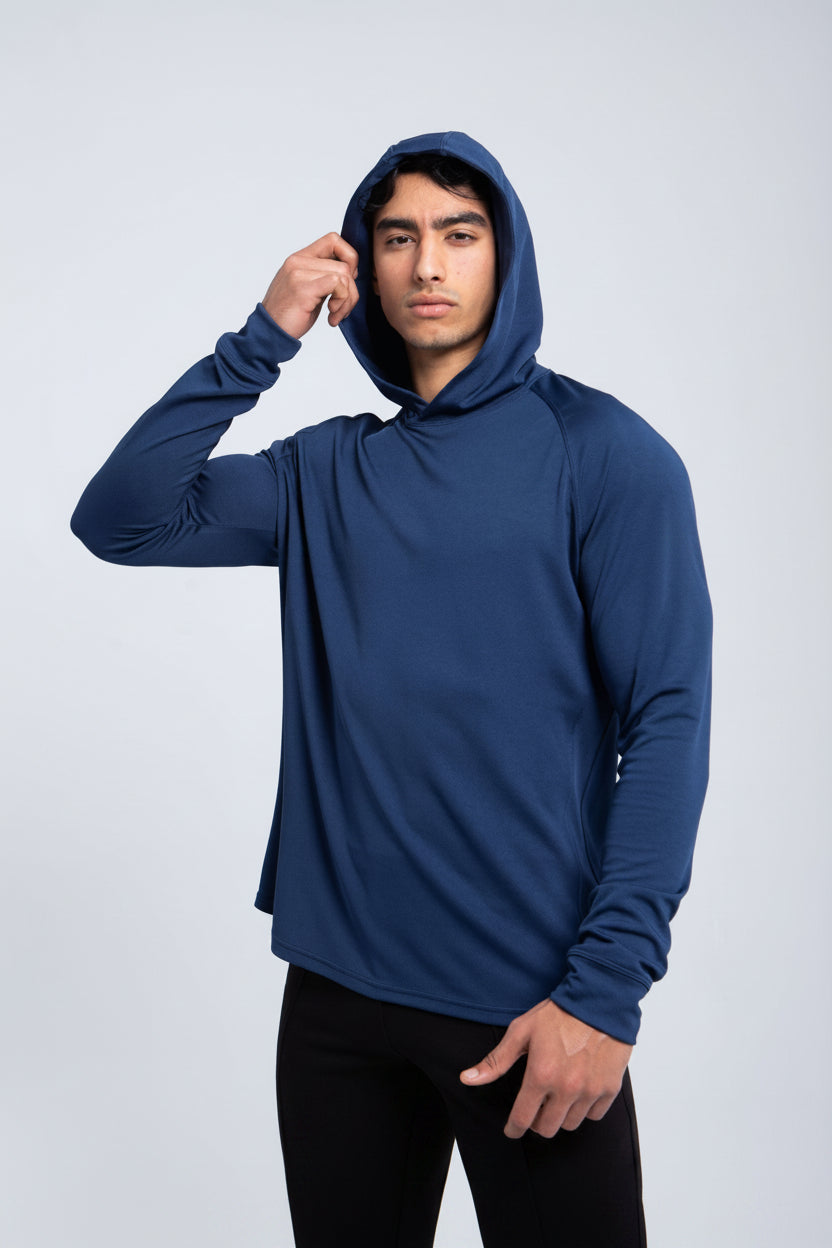 Men’s active hooded performance shirt front view in deep navy