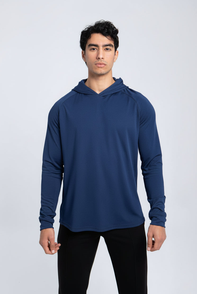 Full body view of men’s active hooded performance shirt in navy
