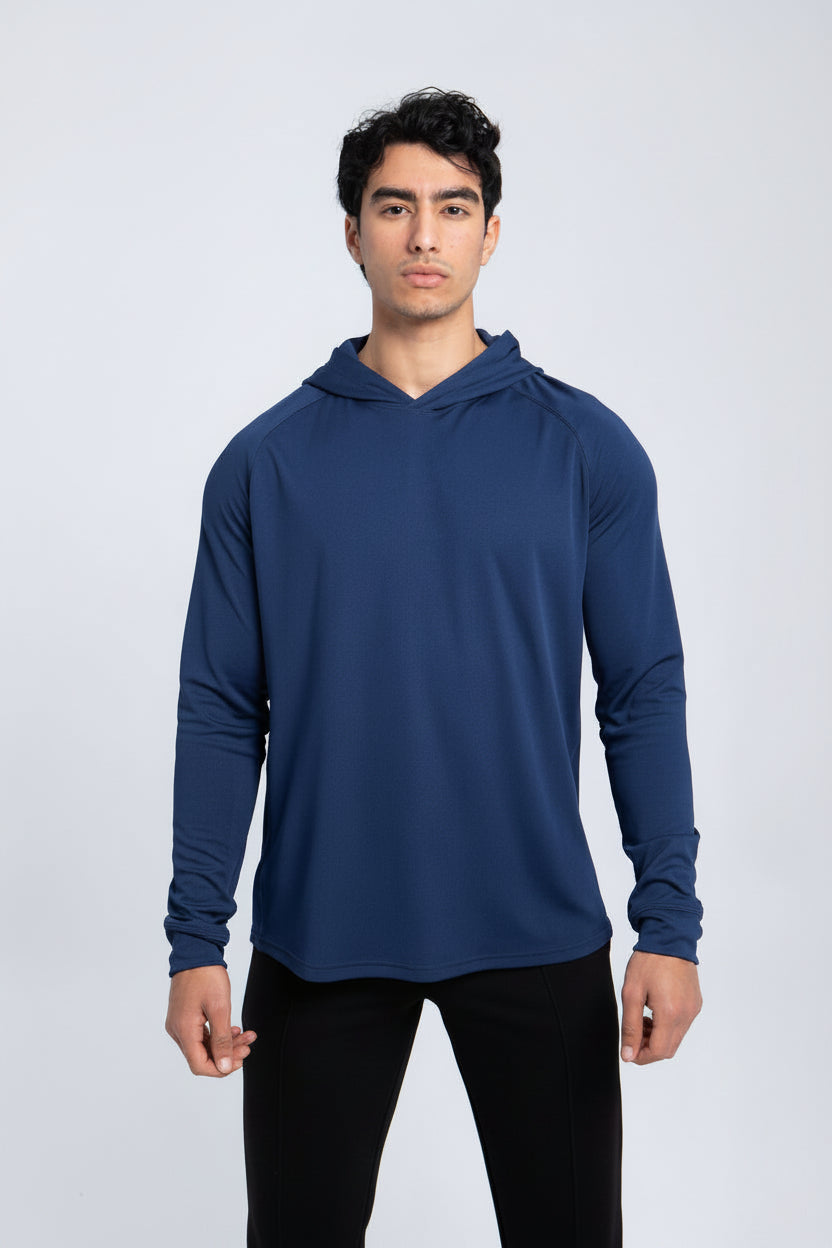 Full body view of men’s active hooded performance shirt in navy