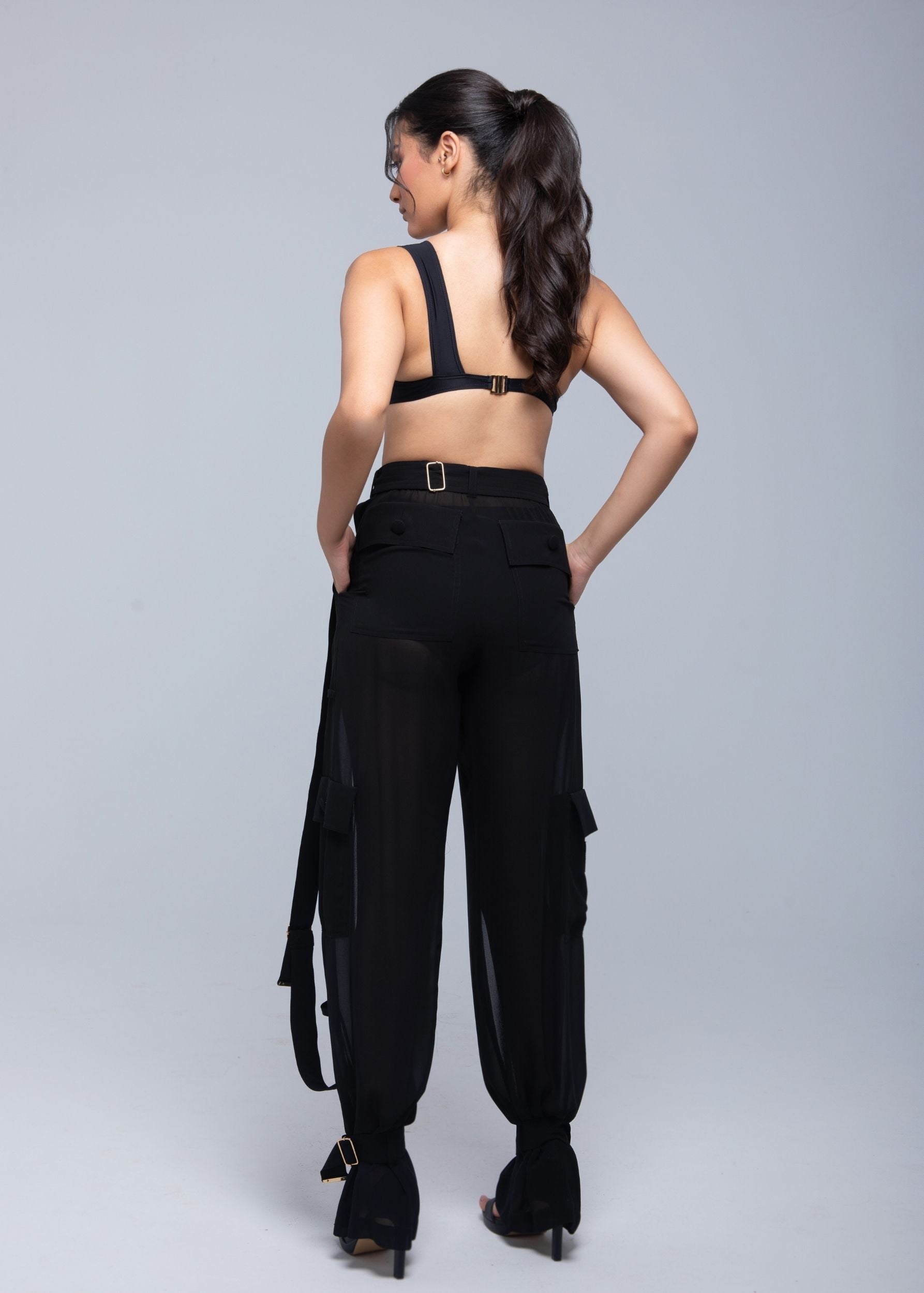 Sheer Cargo Pants with adjustable waist and ankle belts for customizable fit
