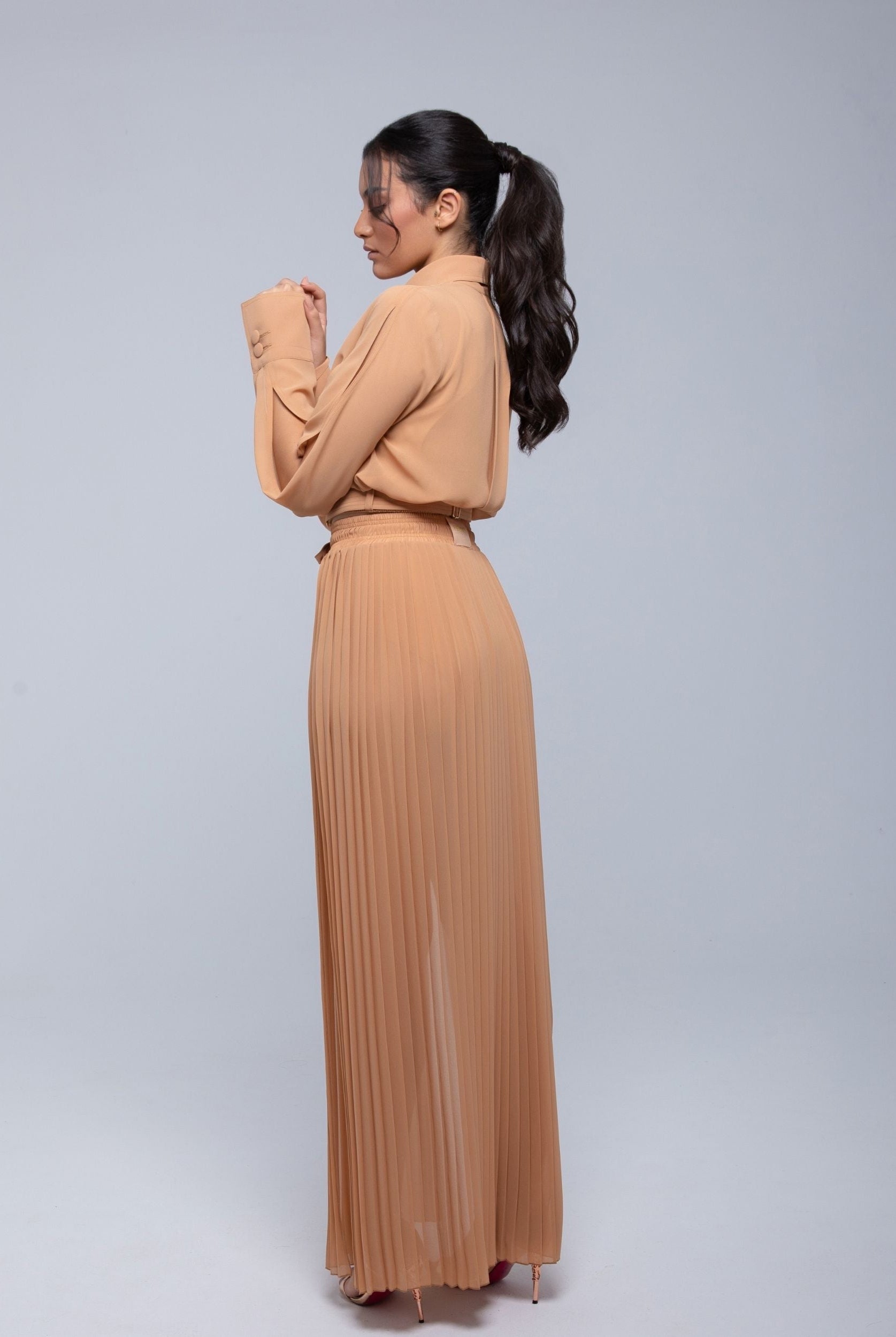 Sheer Jacket with button front, sleeve slits, and gold-accented belt