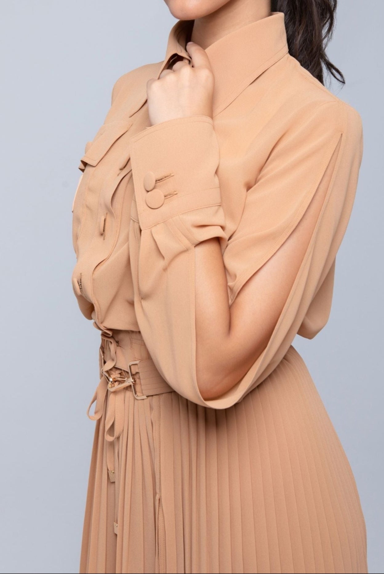 Sheer Jacket with button front, sleeve slits, and gold-accented belt