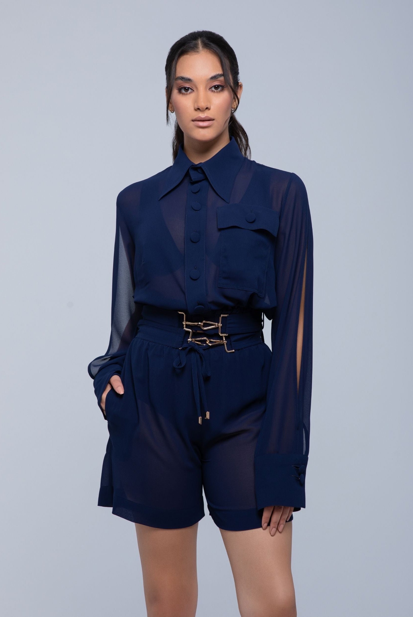 Sheer Jacket with button front, sleeve slits, and gold-accented belt