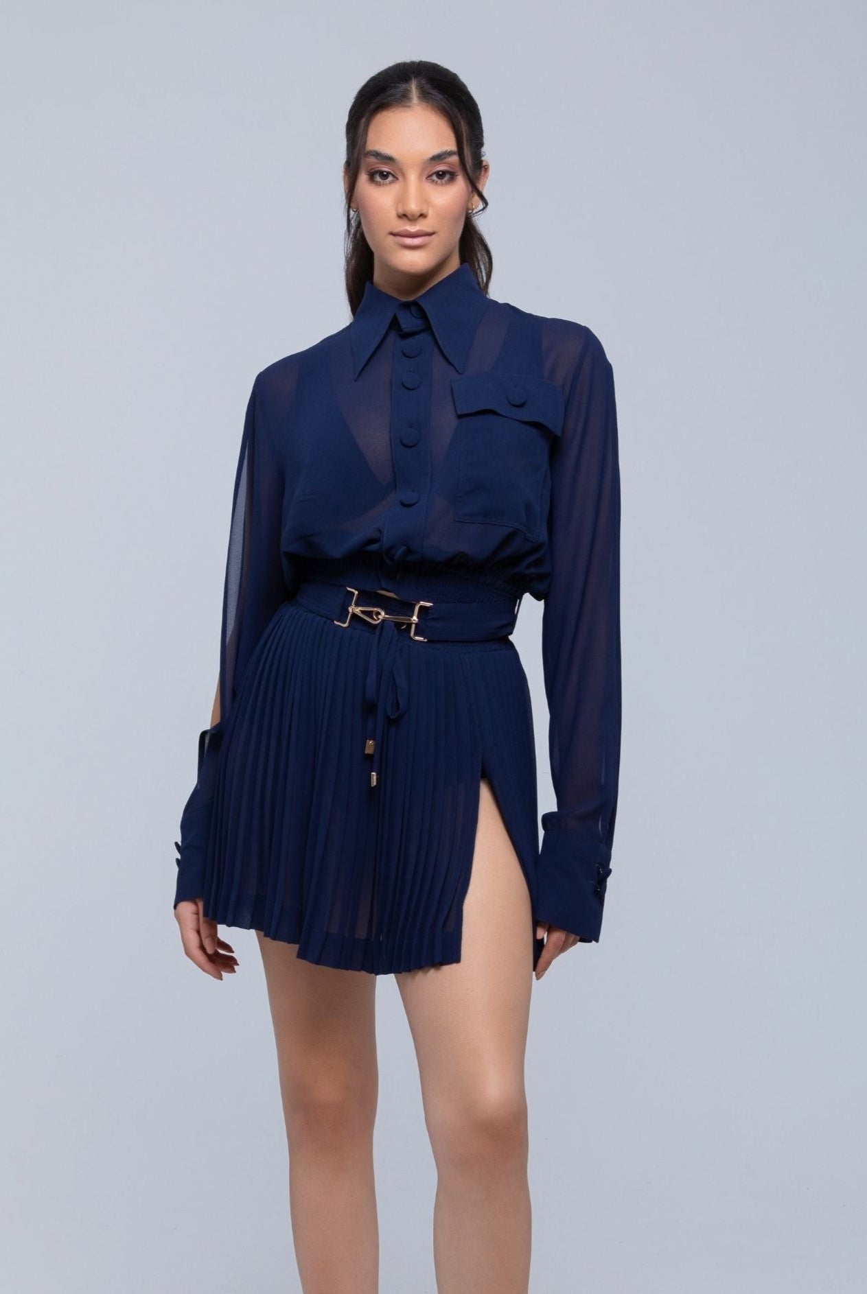 Sheer Jacket with button front, sleeve slits, and gold-accented belt