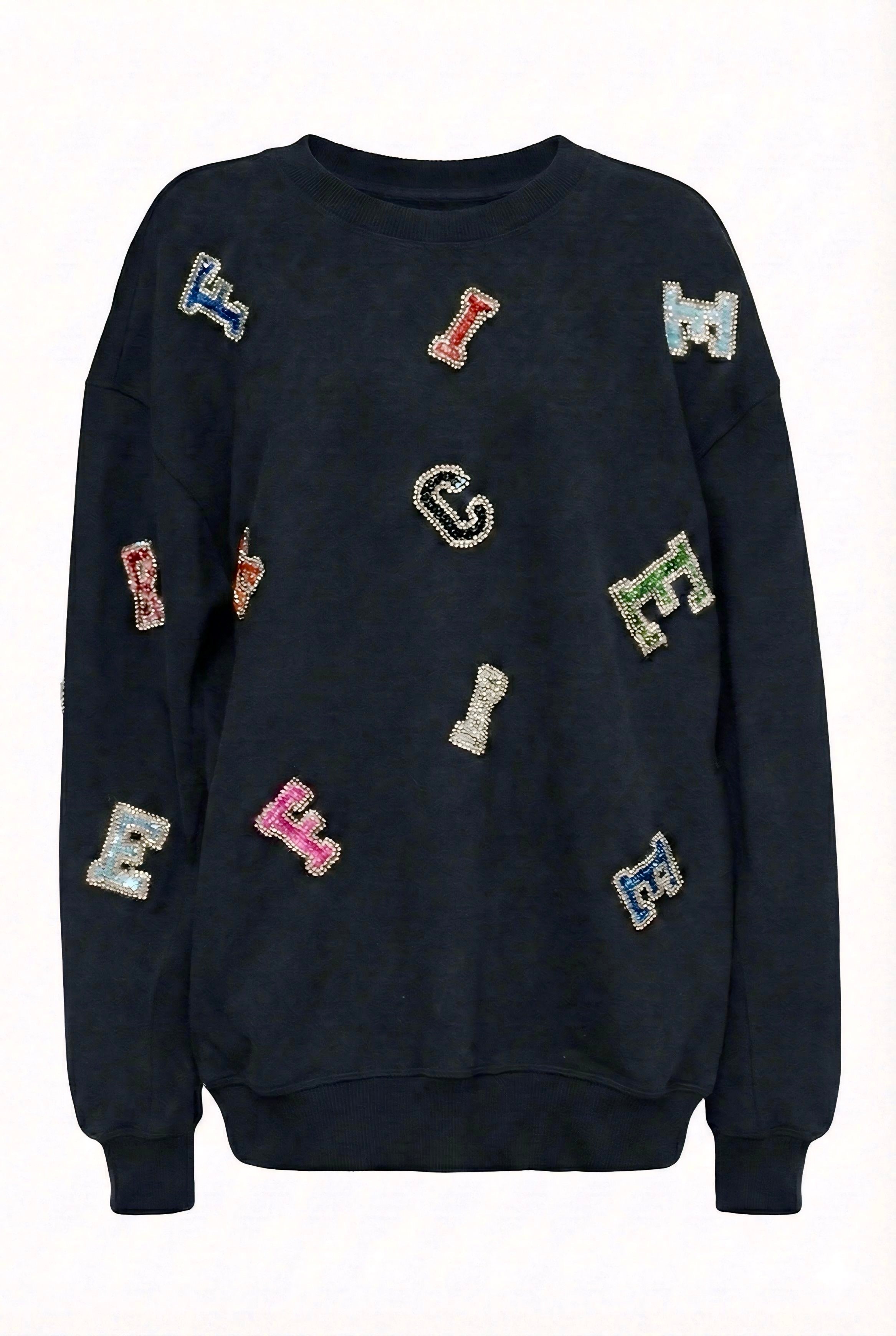 Elite embroidered crewneck sweatshirt in Midnight Black with all-over letter s