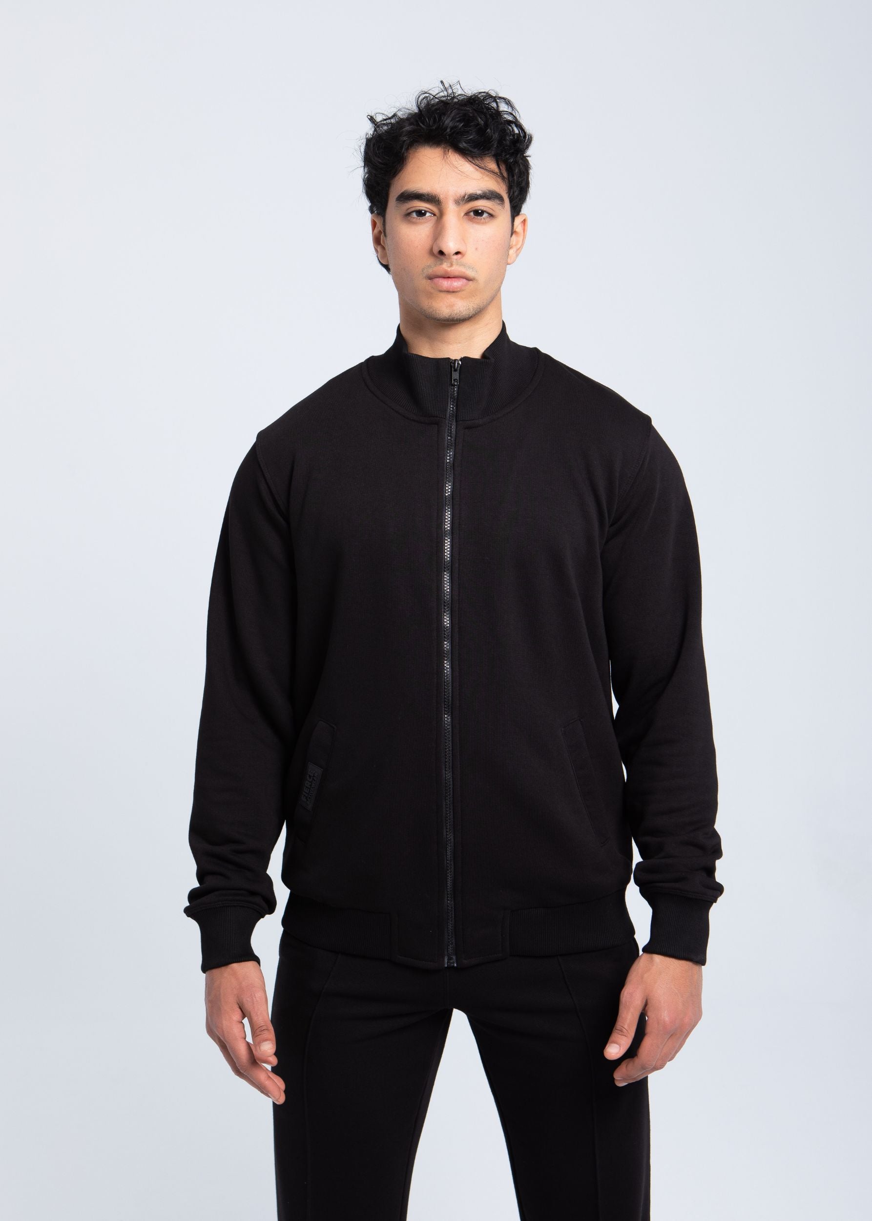 Men’s essential full-zip structured sweatshirt front view in black