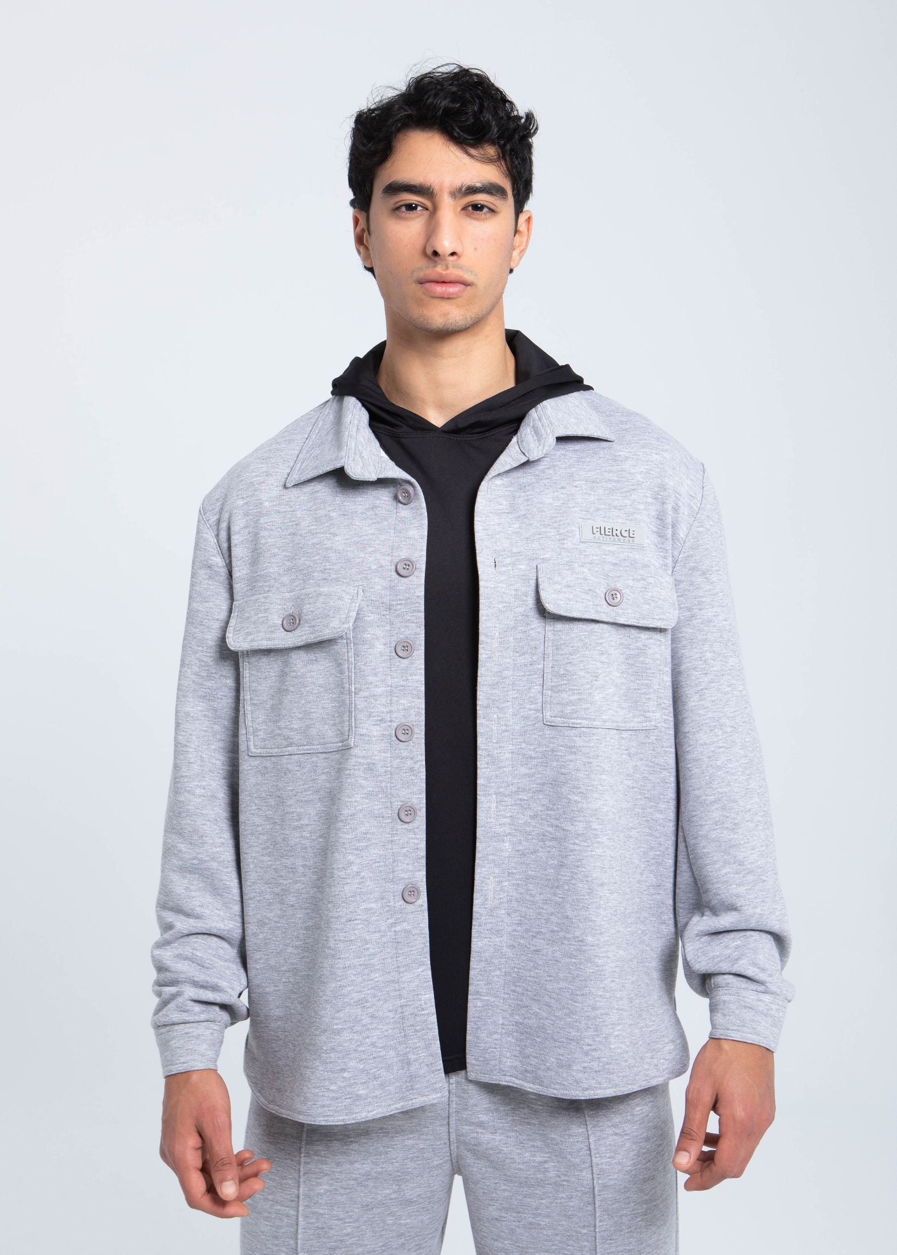 Men’s essential structured fleece overshirt front view in heather grey