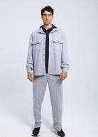 Full-body look of men’s structured fleece overshirt in heather grey