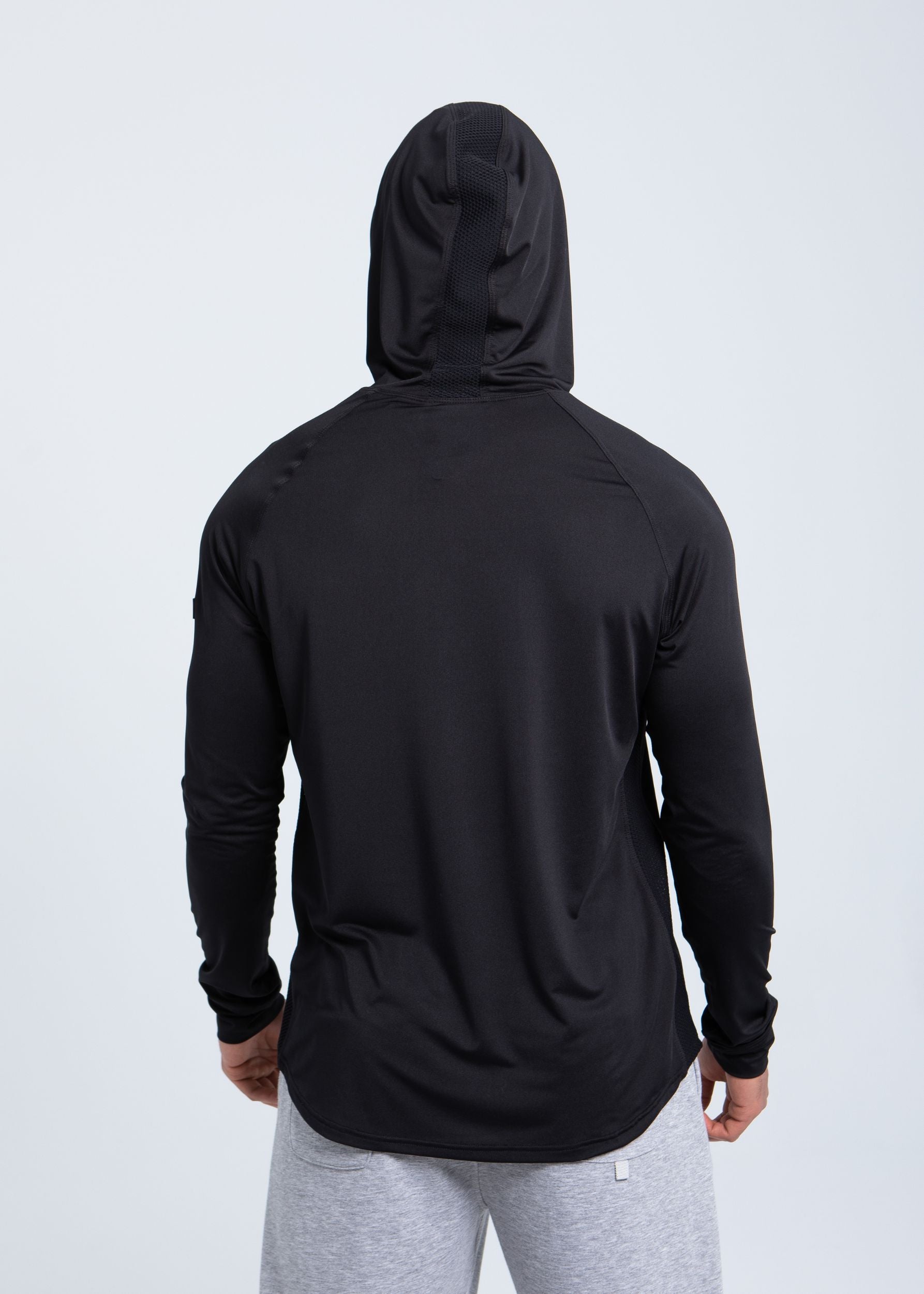 Men’s hooded performance shirt back view with breathable hood panel
