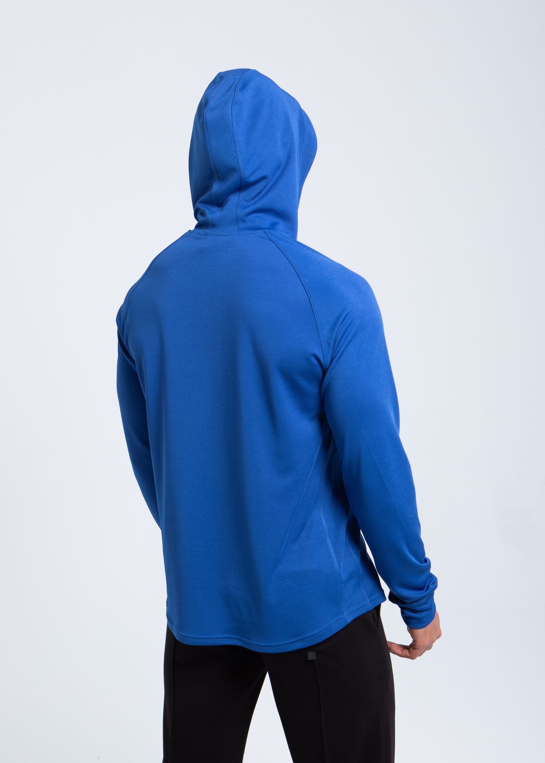 Men’s hooded performance shirt back view with clean hood construction