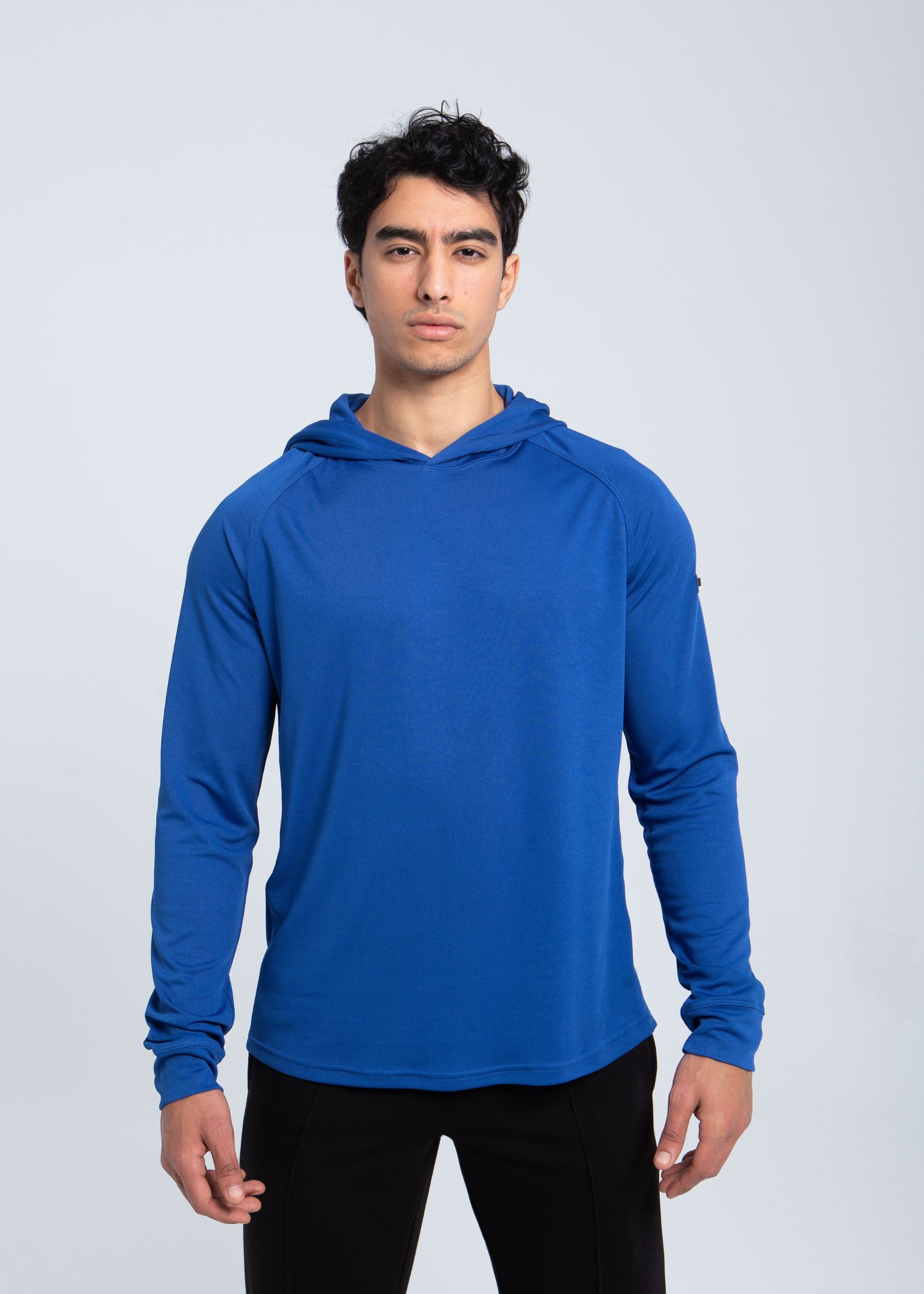 Men’s athletic hooded performance shirt full body view in blue