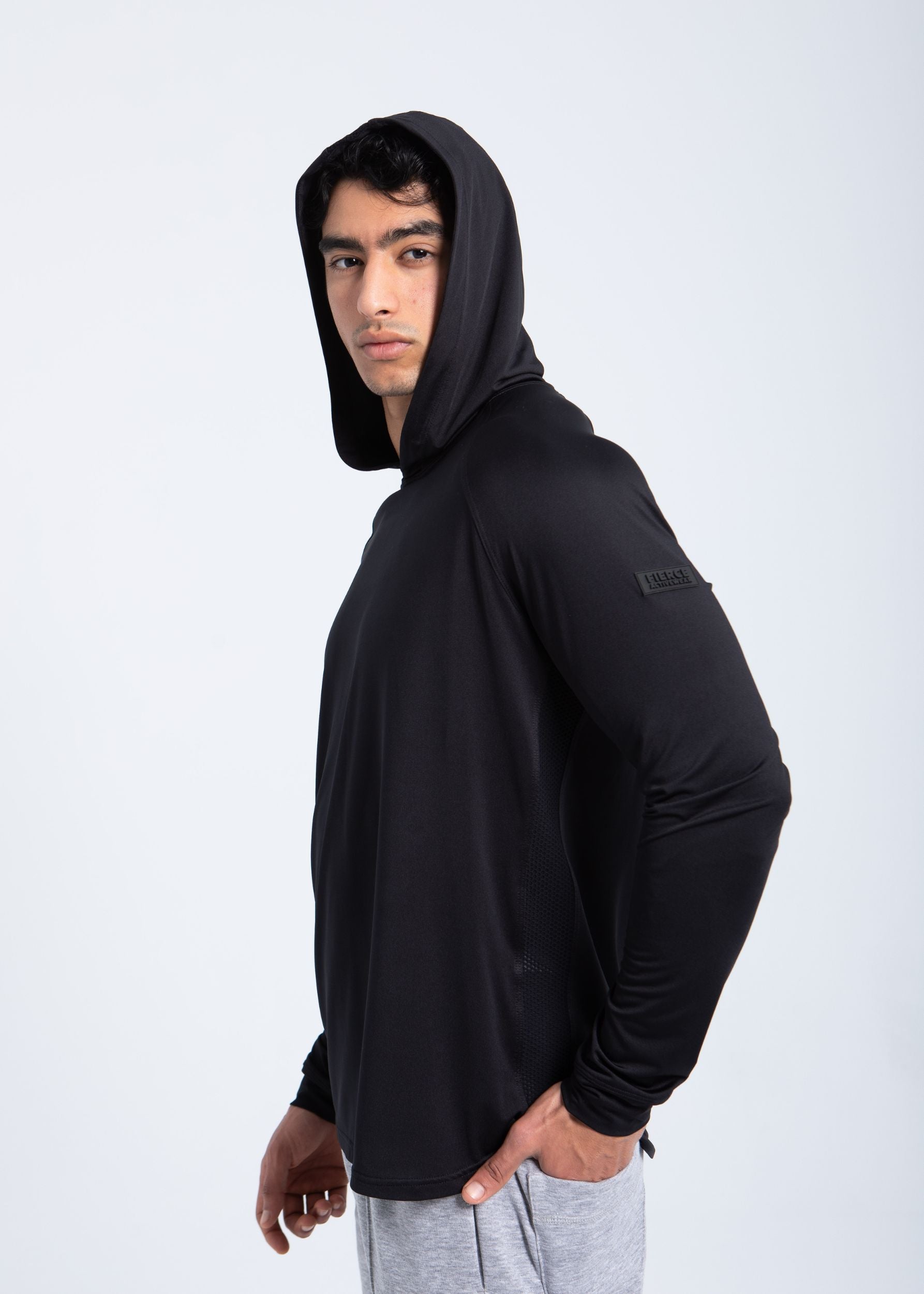 Men’s performance hoodie side view with athletic fit