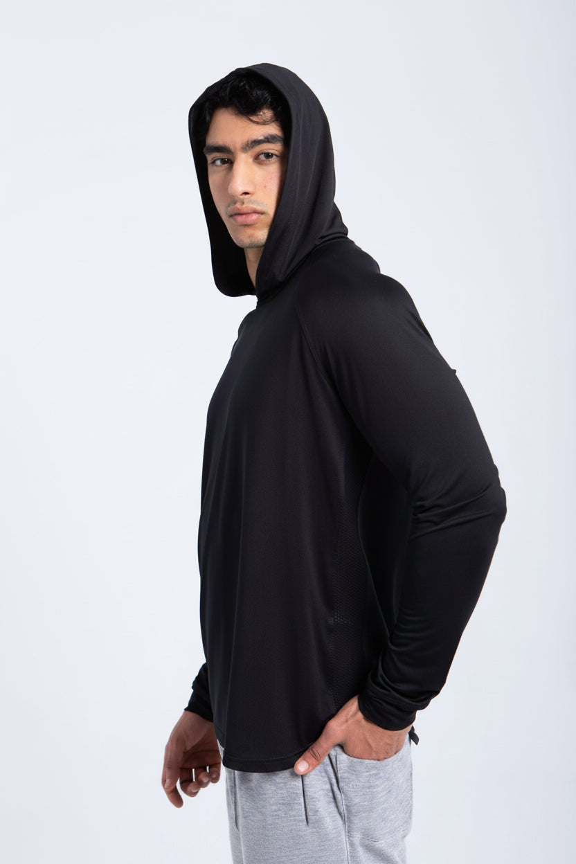 Men’s performance hoodie side view with athletic fit
