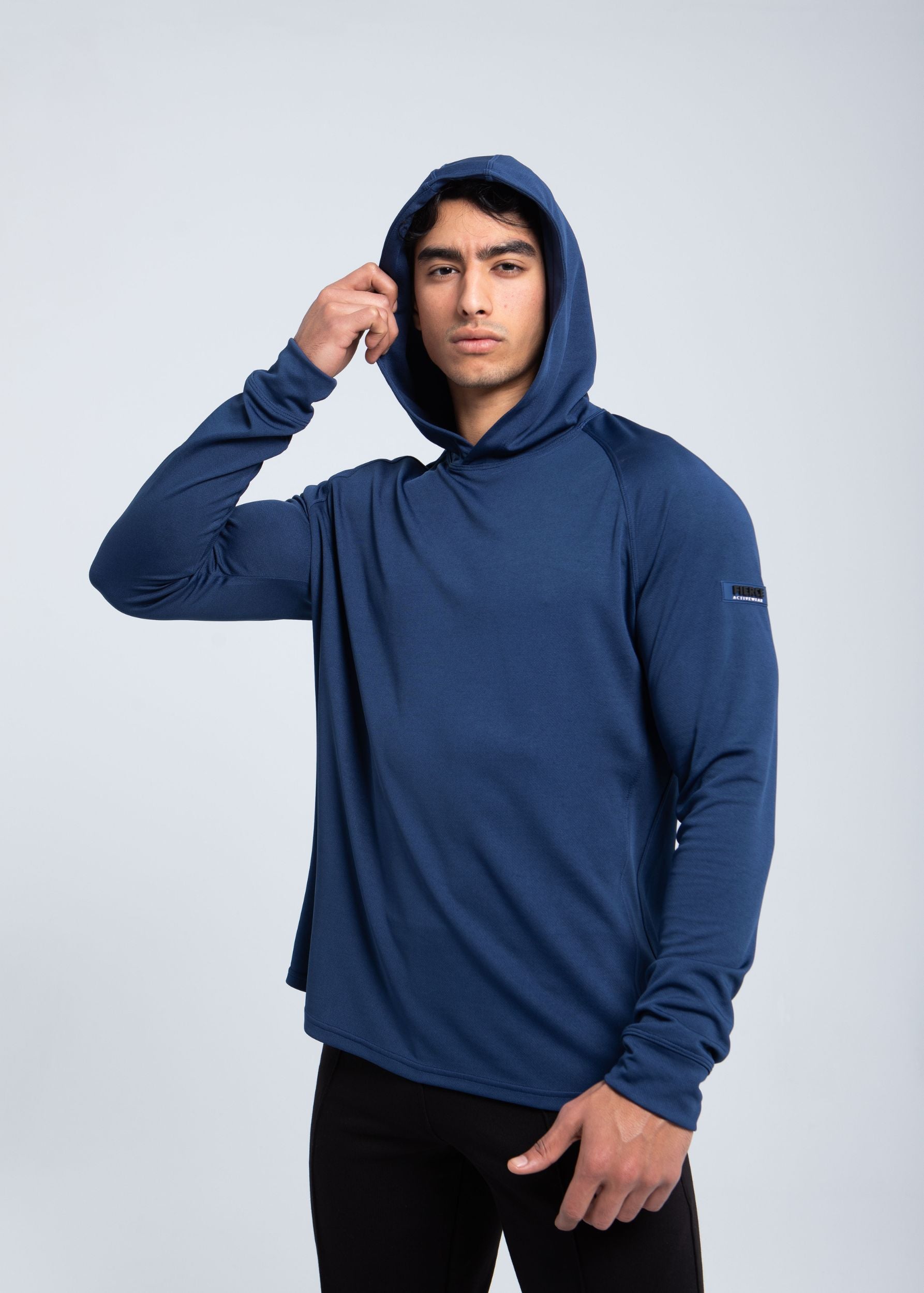 Men’s active hooded performance shirt front view in deep navy