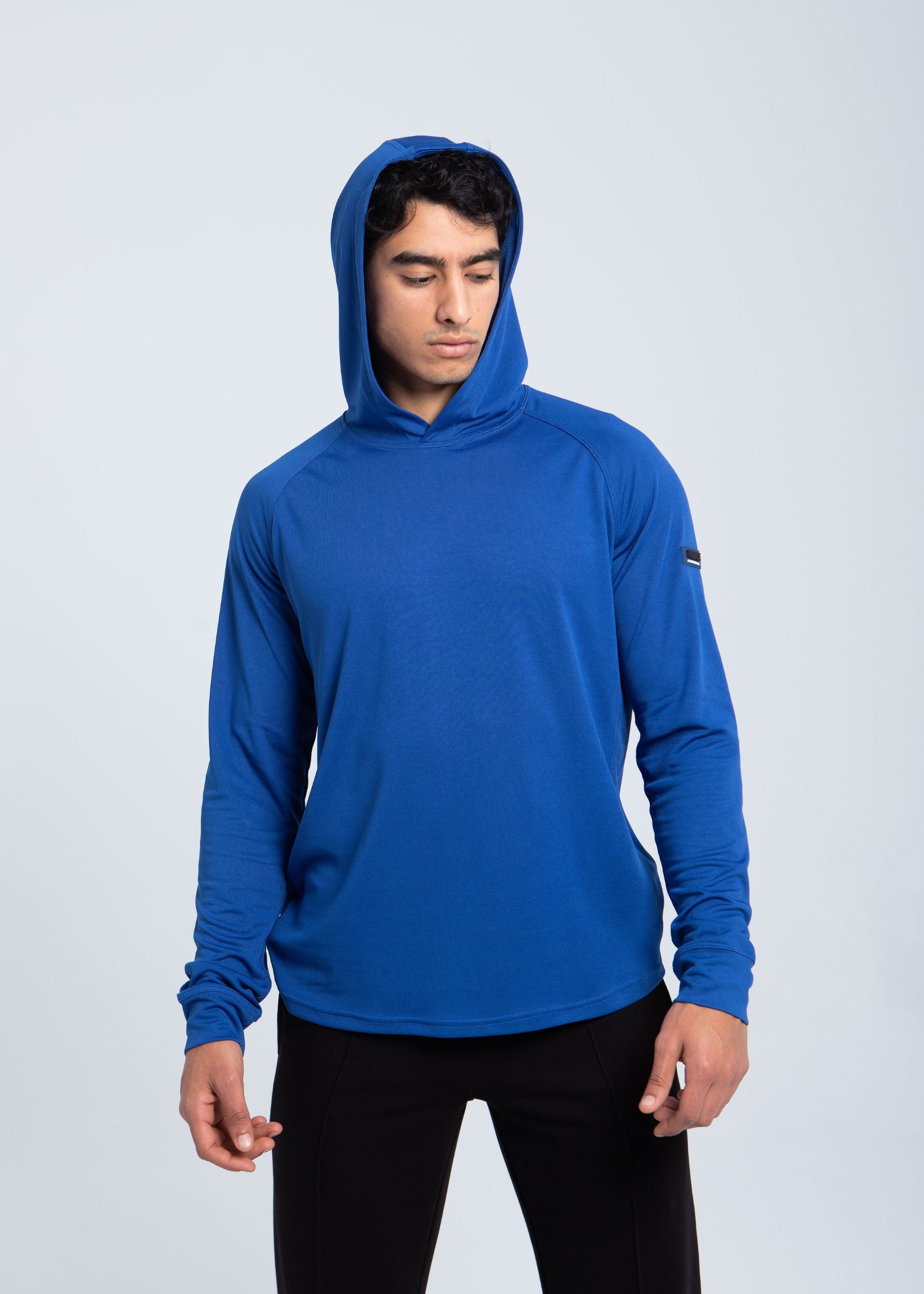 Men’s active hooded performance shirt front view in cobalt blue