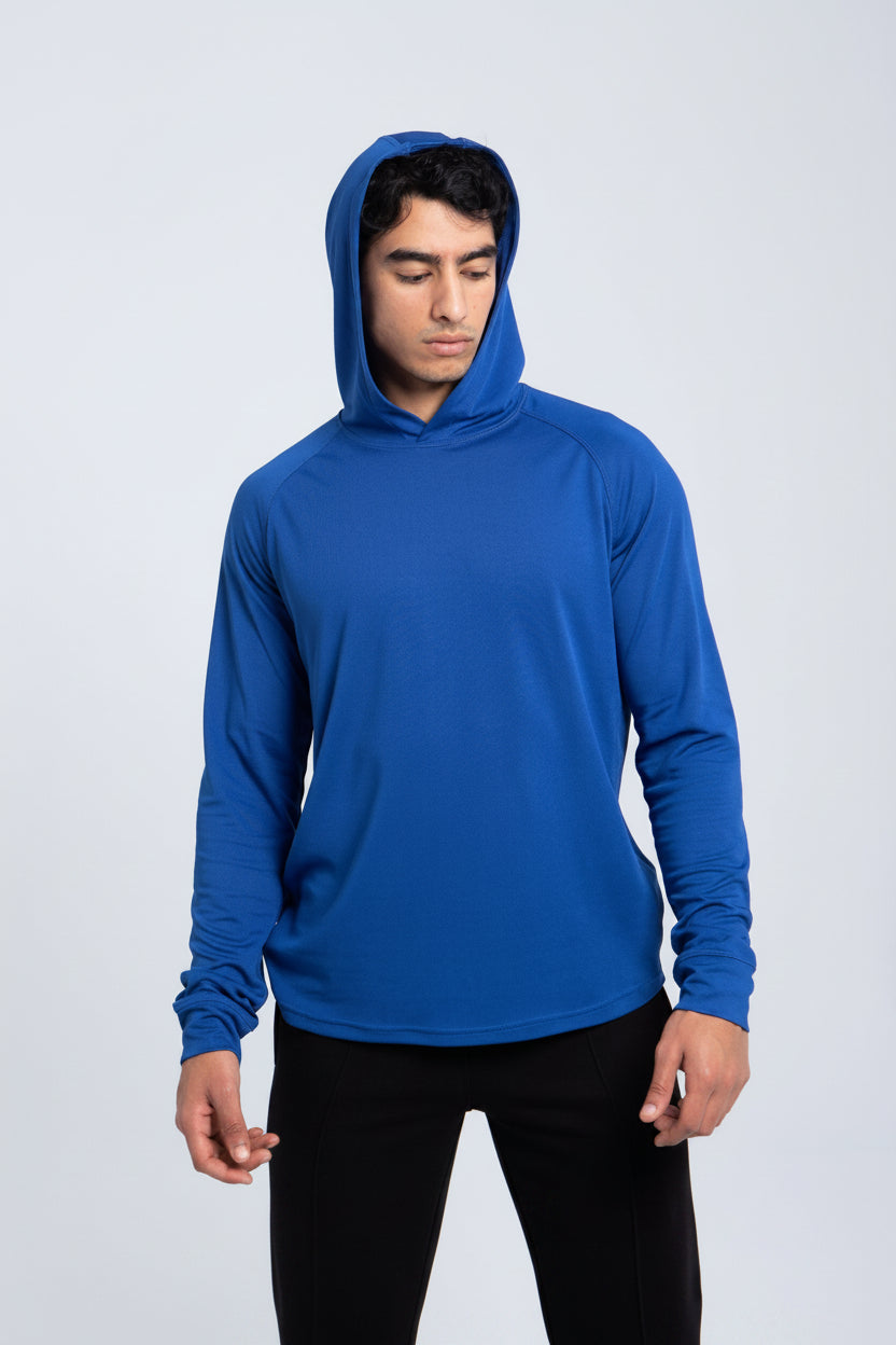 Men’s active hooded performance shirt front view in cobalt blue