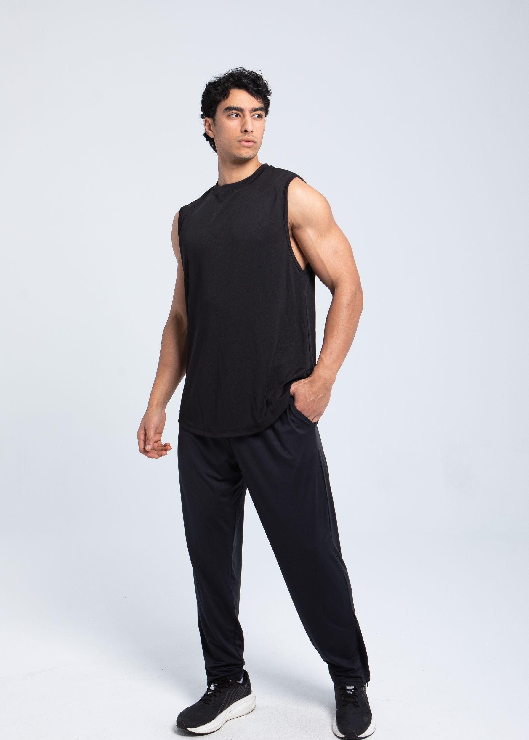 Men’s active sleeveless performance shirt front view in graphite black