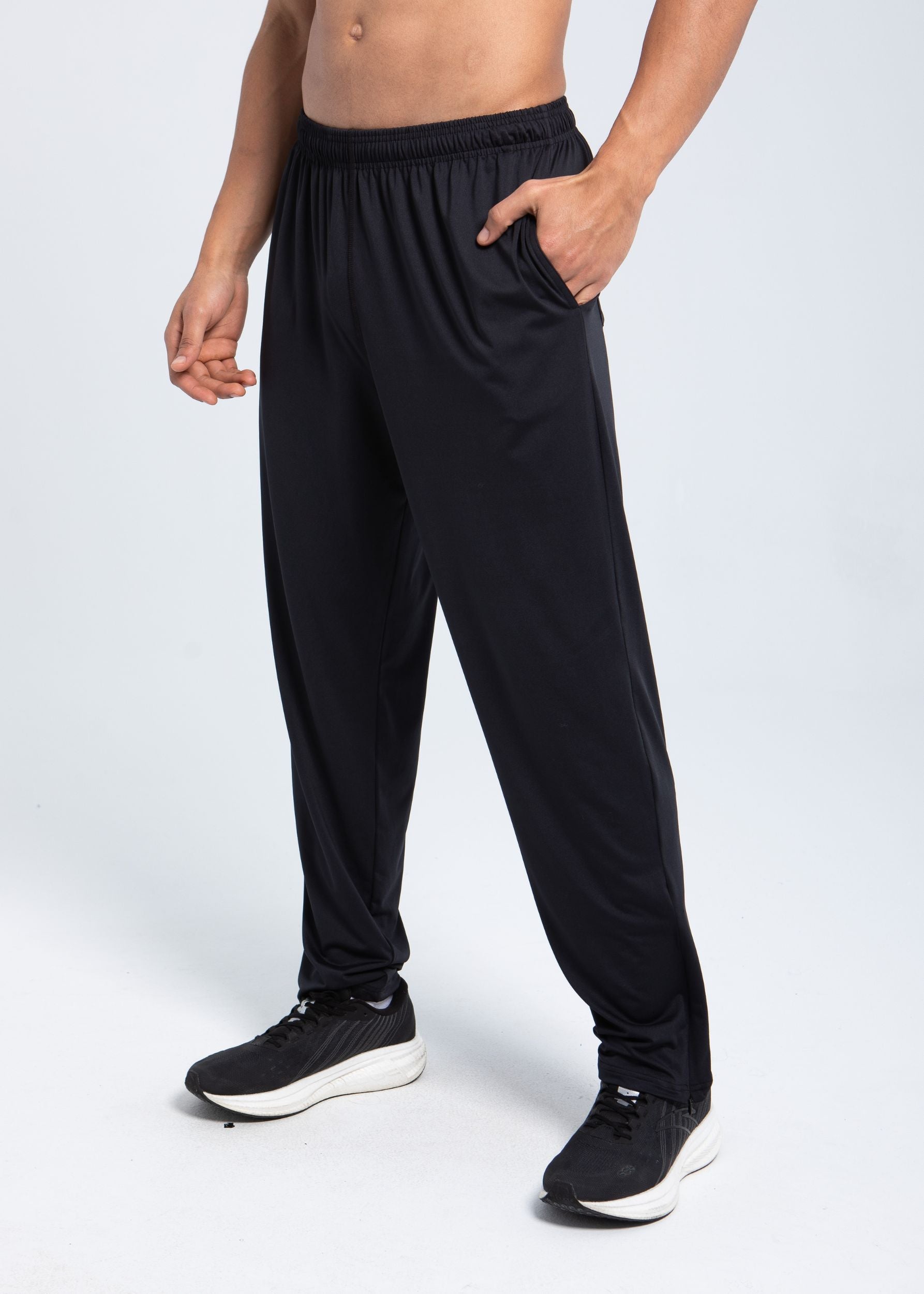 Men’s performance pants side view with elastic waistband and pockets