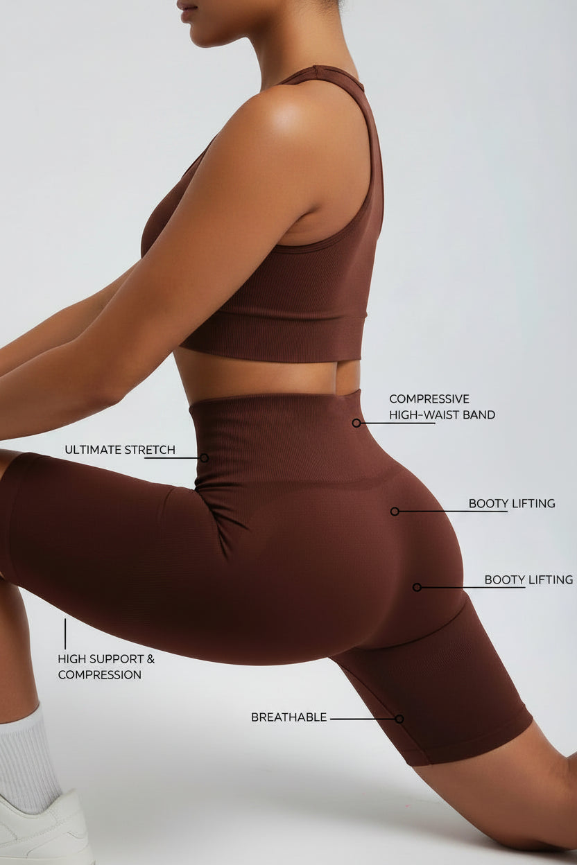 Woman wearing a brown athletic outfit with text highlighting features on a light gray background